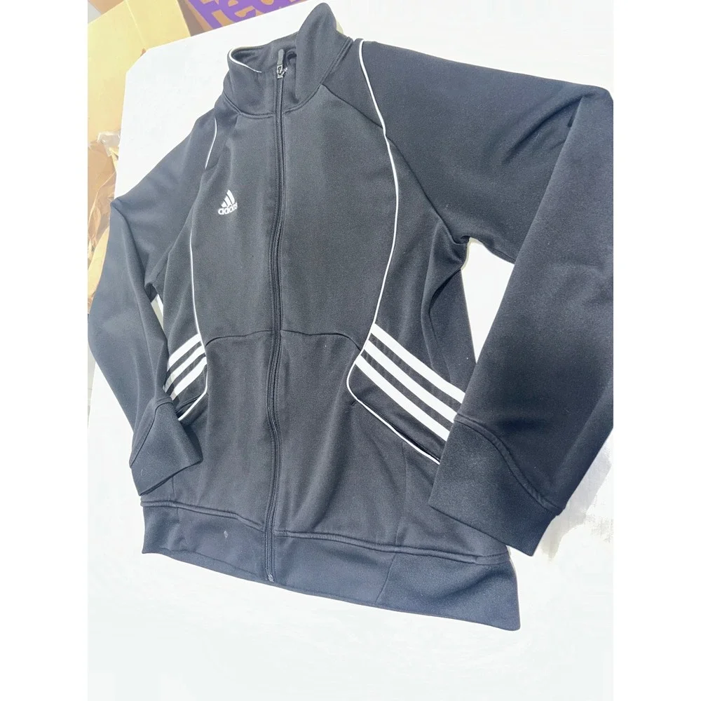 Adidas Mens Track Jacket Black White Piping 3-Stripe Full Zip Mock Neck Medium